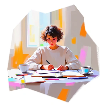 A writer with medium skin and short curly hair is sitting at a table, preparing to sign up for a workshop. She is wearing a cozy sweater and has a focused expression as she reviews the workshop materials. Surrounding her are multiple notebooks of various sizes, each filled with handwritten notes, as well as an assortment of colorful pens scattered across the table. A cup of coffee sits nearby, adding to the creative atmosphere. The room is bright, with sunlight streaming in through a window, illuminating her workspace.