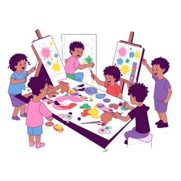 A vibrant scene shows several children enthusiastically painting at a table covered with various art supplies. The table is filled with tubes of paint, brushes of different sizes, and colorful palettes. One child is holding a brush dipped in yellow paint, while another is pouring red paint onto a palette. Their artwork is displayed on several easels surrounding the table, showcasing splashes of color and imaginative designs. The children's faces are filled with joy and concentration as they create their masterpieces.