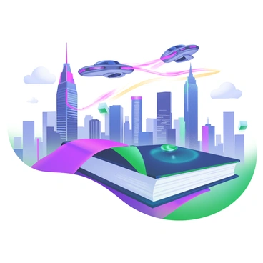 A sleek book cover featuring a futuristic city skyline filled with towering skyscrapers. The buildings are illuminated with bright neon lights in various colors, creating a vibrant atmosphere. Above the skyline, several flying cars zip through the sky, leaving trails of light behind them. The overall composition showcases a dynamic and lively urban environment, with the cityscape extending into the distance.