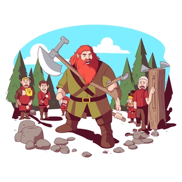 A red-haired dwarf named Gimli stands confidently in the center of a rugged training ground, surrounded by young dwarves. He is demonstrating the proper stance for wielding an axe, holding a large, shiny axe in one hand while gesturing with the other. The young dwarves, with various hairstyles and excited expressions, are closely observing him, some gripping their own axes as they prepare to practice. The training ground is marked by rough wooden training dummies and scattered stones, with a few trees in the background. The sun casts dynamic shadows as the dwarves engage in their lesson under a clear blue sky.