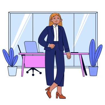 A girl wearing a smart tailored blazer and a fitted pencil skirt is standing confidently in a sleek modern office. The blazer is in a dark navy color, while the pencil skirt is a matching shade, emphasizing her professional appearance. She has long, straight hair that falls gracefully over her shoulders. The office features large glass windows that allow natural light to flood the space. Minimalist furniture is arranged neatly, and there are a few potted plants adding a touch of greenery to the environment. A contemporary desk with a laptop is positioned beside her.