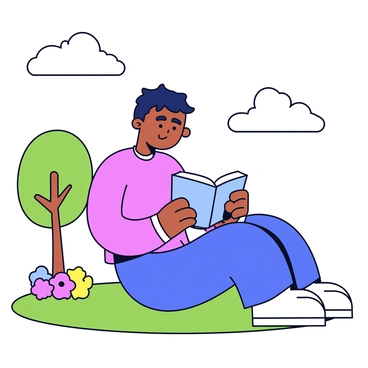A person sitting on a grassy area, reading a self-help book. The person has an attentive expression as they turn the pages. Surrounding them are simple trees with green leaves and a small flower patch with colorful blooms. The sky above is clear with a few fluffy clouds. A soft breeze is suggested by the gentle movement of the grass and the pages of the book.