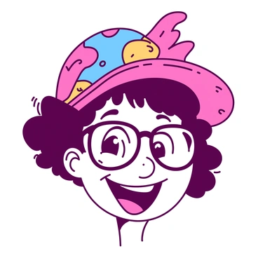A cheerful face with a big smile and bright eyes is wearing oversized round glasses. The glasses are reflecting light, adding a playful shine to the image. The face is topped with a funky hat that has vibrant patterns and colors, standing out prominently. The background is a bright color, creating a lively atmosphere that enhances the joyful expression of the face.