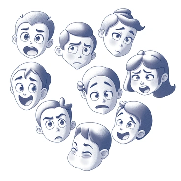 A collection of expressive faces, featuring a range of emotions such as happiness, sadness, anger, and surprise. Each face is characterized by exaggerated features, like wide eyes and prominent eyebrows, conveying strong feelings. The sketches display varied hairstyles and accessories, adding individuality to each character. The faces are arranged together, showcasing the diversity of expressions in a cohesive manner. Each expression is outlined with bold lines, emphasizing the comic style of the drawings.