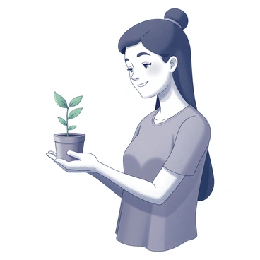 A person holding a small plant gently in their hands. The plant has green leaves and is nestled within a small pot. The individual has a hopeful expression, with a slight smile, gazing down at the plant. The person's clothing is simple, complementing the theme of growth and nurturing. The background is minimal, focusing attention on the person and the plant, emphasizing the connection between them.