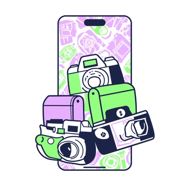 A phone case is displayed, featuring an array of vintage cameras in various orientations. In the foreground, a classic rangefinder camera with a distinct lens is positioned, next to a large format camera with its bellows extended. Behind these, a box camera is visible with its iconic square shape, alongside a twin-lens reflex camera with its two lenses prominently displayed. The background is filled with camera patterns, incorporating intricate details of knobs, dials, and leather textures. Each camera is illustrated with a unique design, highlighting their vintage characteristics and charm.