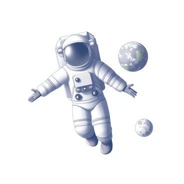 An astronaut in a space suit is floating in a vast expanse of space. The figure is positioned centrally, with arms outstretched slightly to the sides. A detailed view of Earth is visible in the background, showcasing the planet's curves and textures. The astronaut's helmet reflects the colors and features of the Earth, capturing elements of the planet's surface. The void of space surrounds them, emphasizing the isolation and grandeur of the scene.