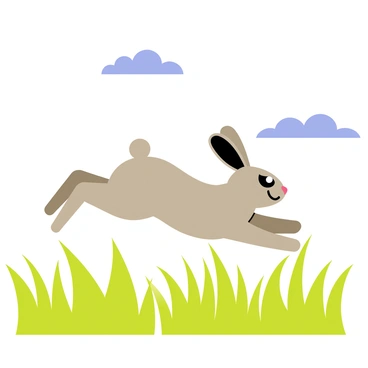 A rabbit with soft, gray fur is leaping through vibrant green grass. The blades of grass are covered in tiny droplets of morning dew, which glisten and sparkle in the sunlight. The background features a bright blue sky with a few fluffy white clouds. The scene captures the lively movement of the rabbit as it bounds through the lush grass, creating a sense of energy and vitality.