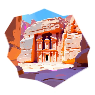 A view of "The Treasury" at Petra bathed in sunlight, showcasing its elaborate carvings and rich colors. The ancient structure is carved directly into the rose-red cliffs, with ornate columns and intricate reliefs visible on its façade. The light highlights the details of the carvings, including figures and floral patterns. Surrounding the Treasury, the rugged rock formations create a dramatic backdrop, emphasizing the grandeur of the site. The clear blue sky above contrasts with the warm tones of the stone, enhancing the overall visual impact of this historical monument.