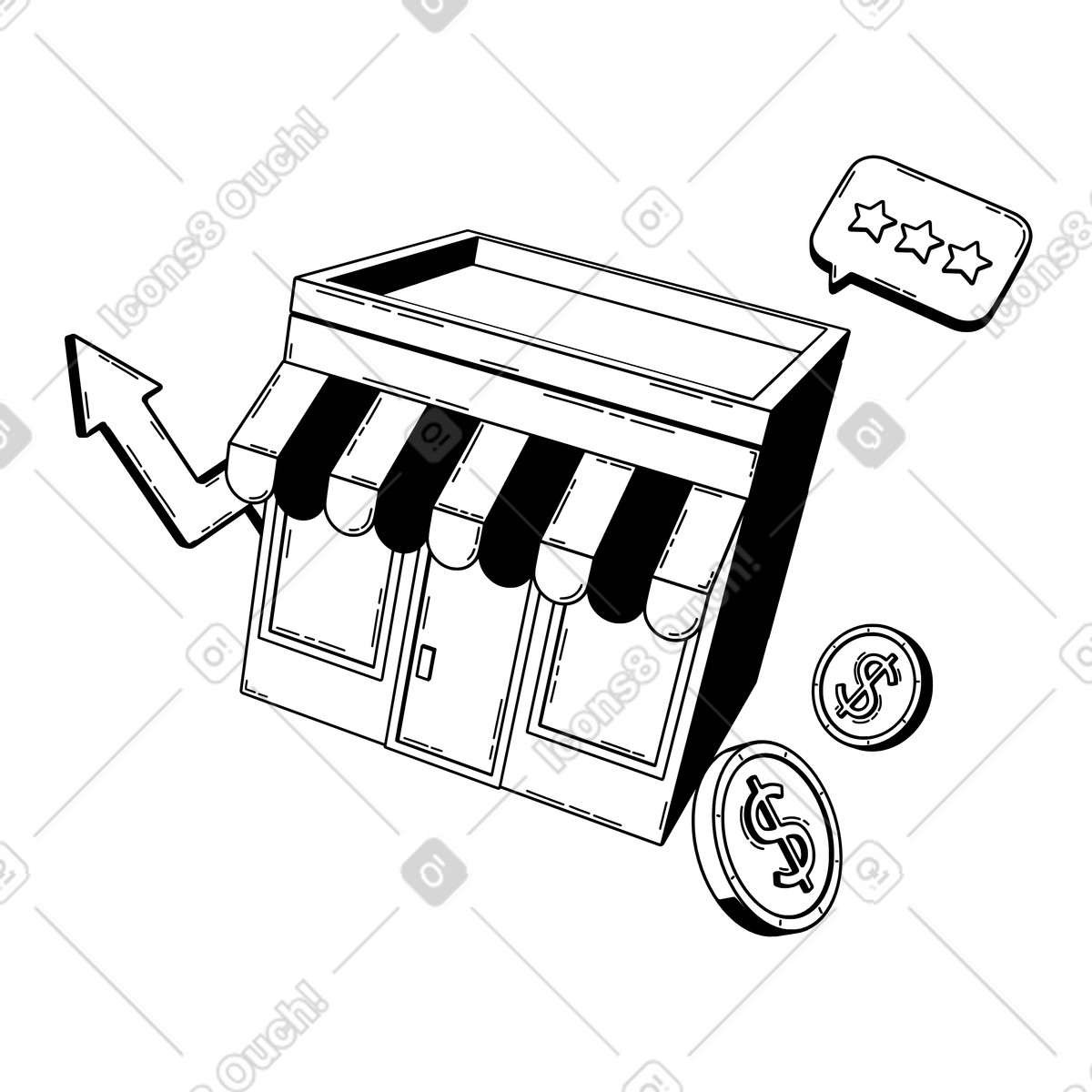 Retail storefront with growth arrow and dollar coins illustration achievement clipart image in PNG SVG GIF
