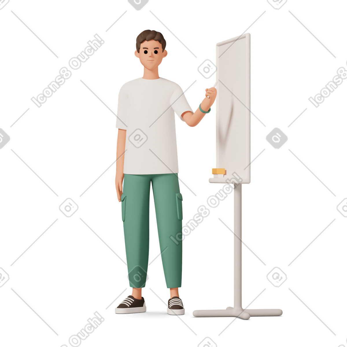 Young man explaining lesson material standing next to whiteboard illustration in 3D Casual life style download in PNG, SVG