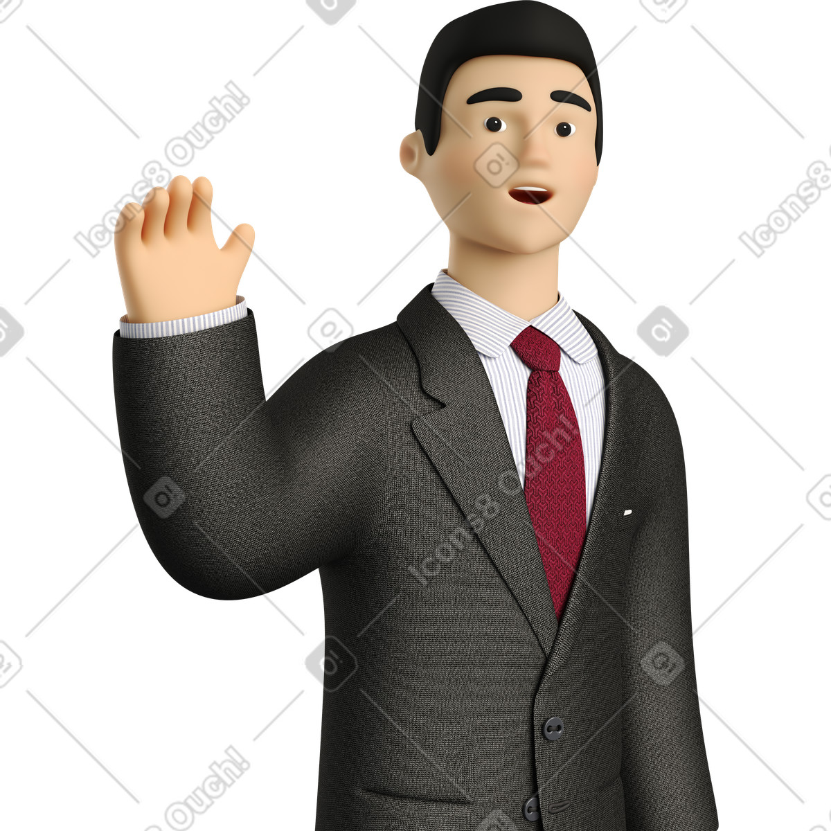 下载 3D Business 风格的 Businessman in black suit waving goodbye 插画，支持 PNG、SVG 格式