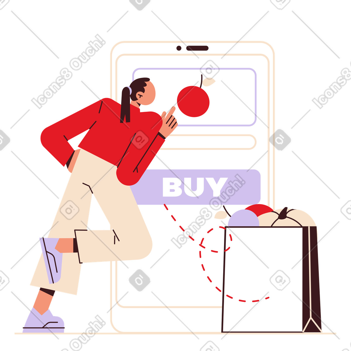 Illustration User ordering fruits online, Digital food purchase dans le style Folks à télécharger aux formats PNG, SVG