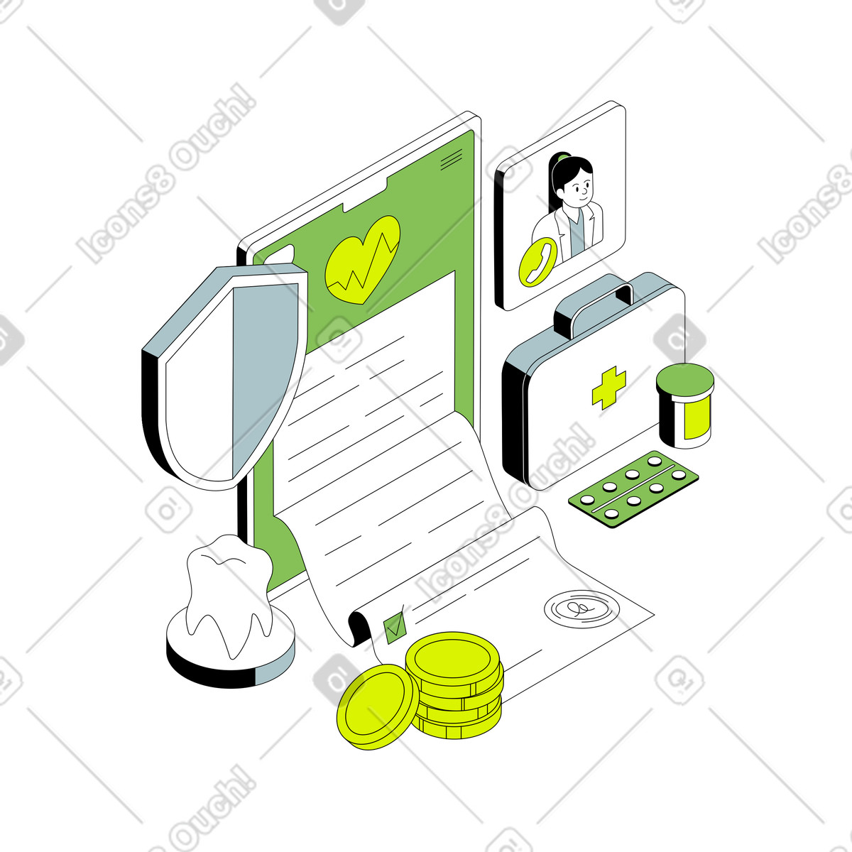 Medical insurance for dental care illustration in Isometric style download in PNG, SVG
