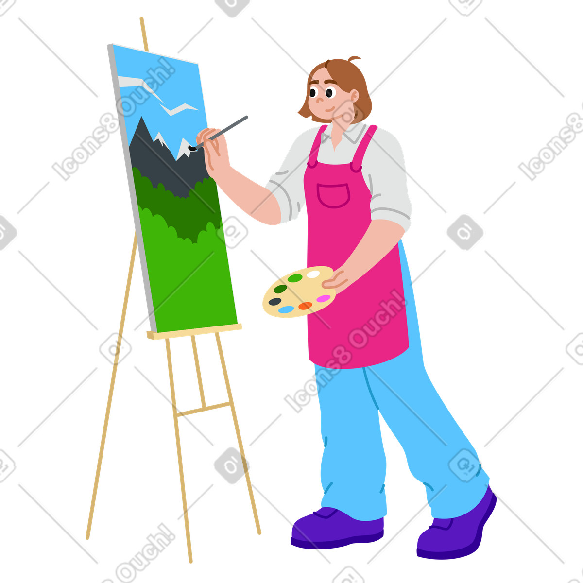 Young woman creating art on an easel illustration painting clipart graphic