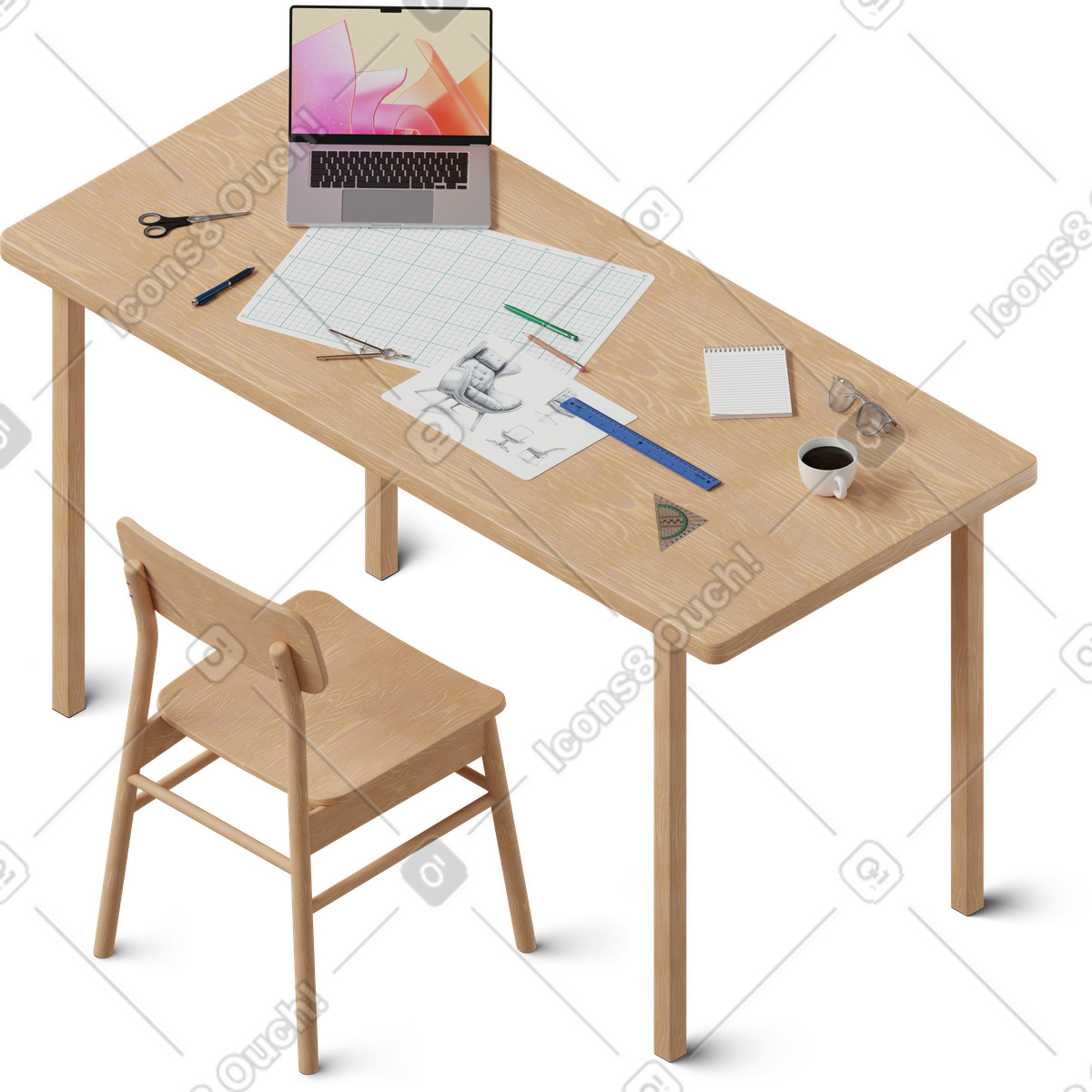 Illustration Vue isométrique du bureau avec ordinateur portable et croquis dans le style 3D Hygge à télécharger aux formats PNG, SVG