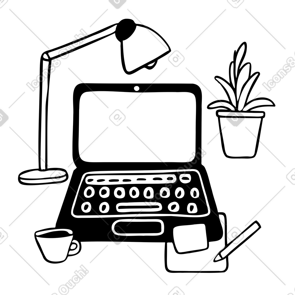 Workspace with laptop and table lamp illustration in PNG, SVG