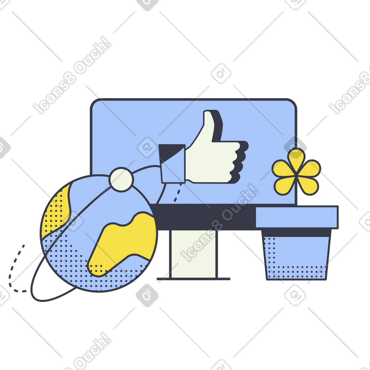 Abstract 스타일의 Thumbs up on computer monitor with globe, Online achievement and global success 일러스트레이션 PNG, SVG 다운로드