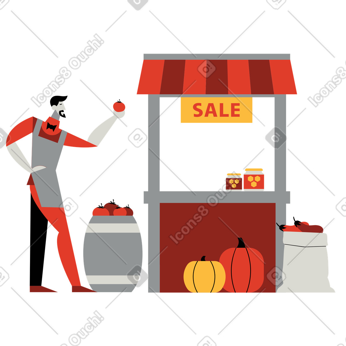Illustration Vendeur de légumes sur un stand marché producteurs dans le style Burgundy à télécharger aux formats PNG, SVG