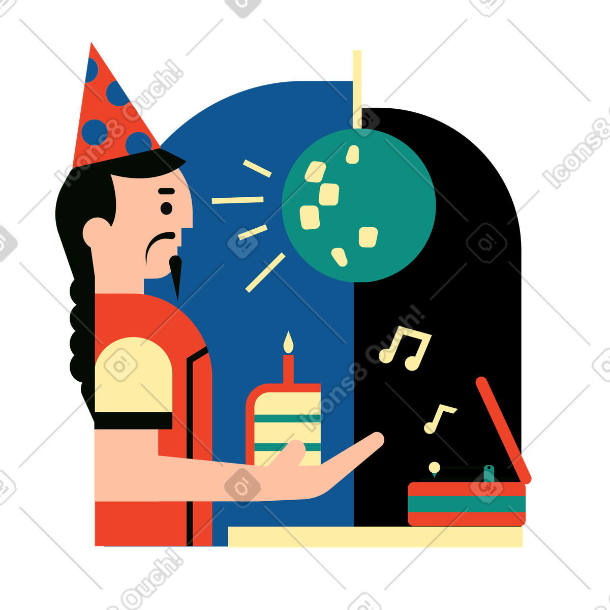 Ilustración Hombre celebrando cumpleaños con pastel y música. en estilo Polar a descargar en PNG SVG