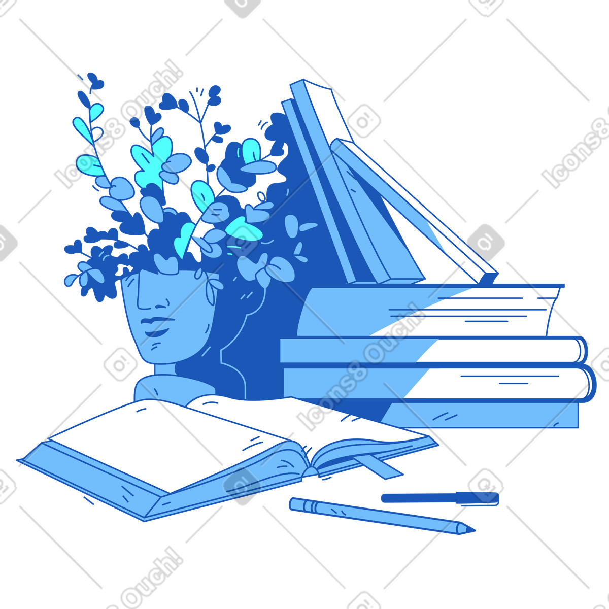 Books stack and a head planter illustration clipart image in PNG SVG GIF