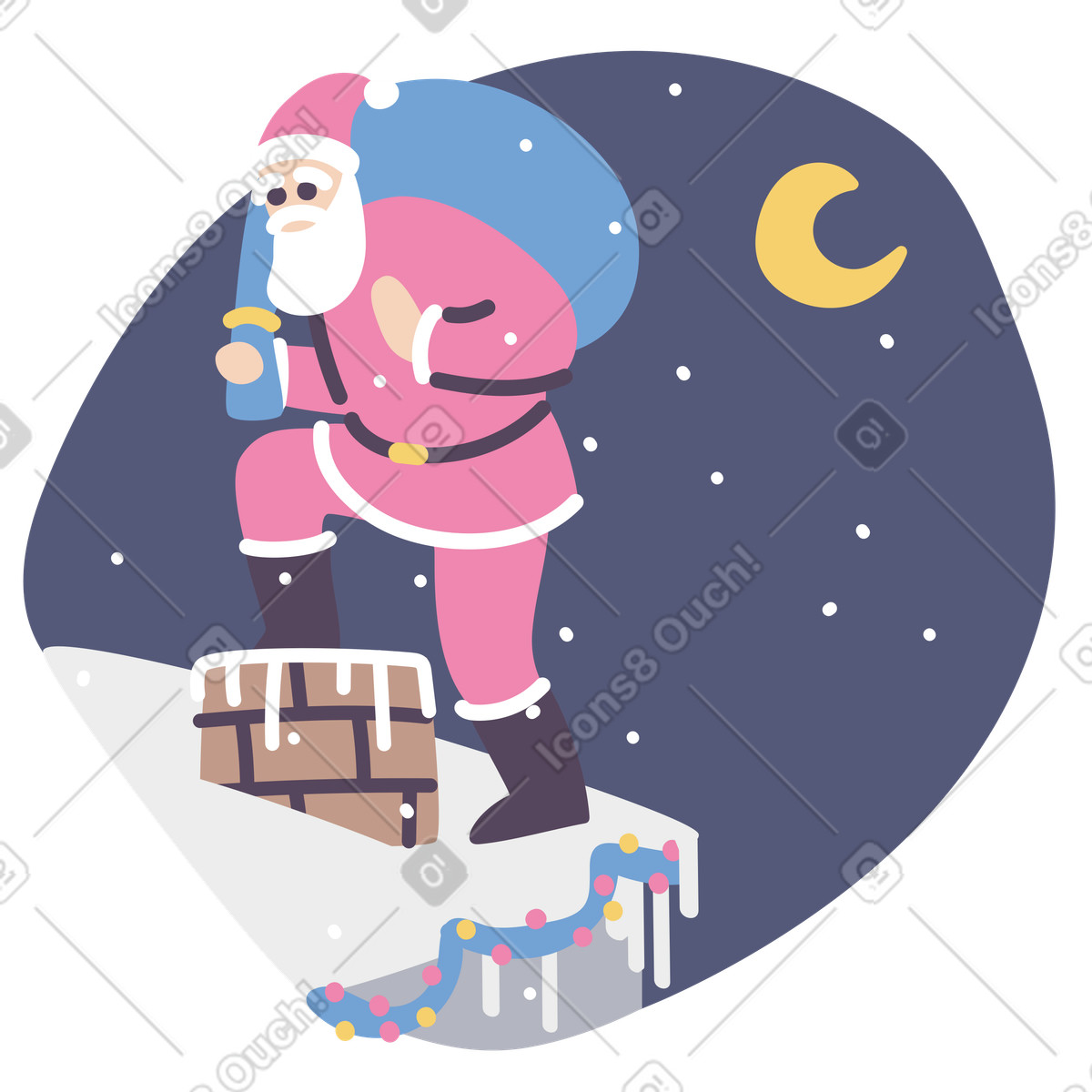 Santa Claus with a bag of presents on the roof by chimney Christmas Eve illustration in Pluto style download in PNG, SVG