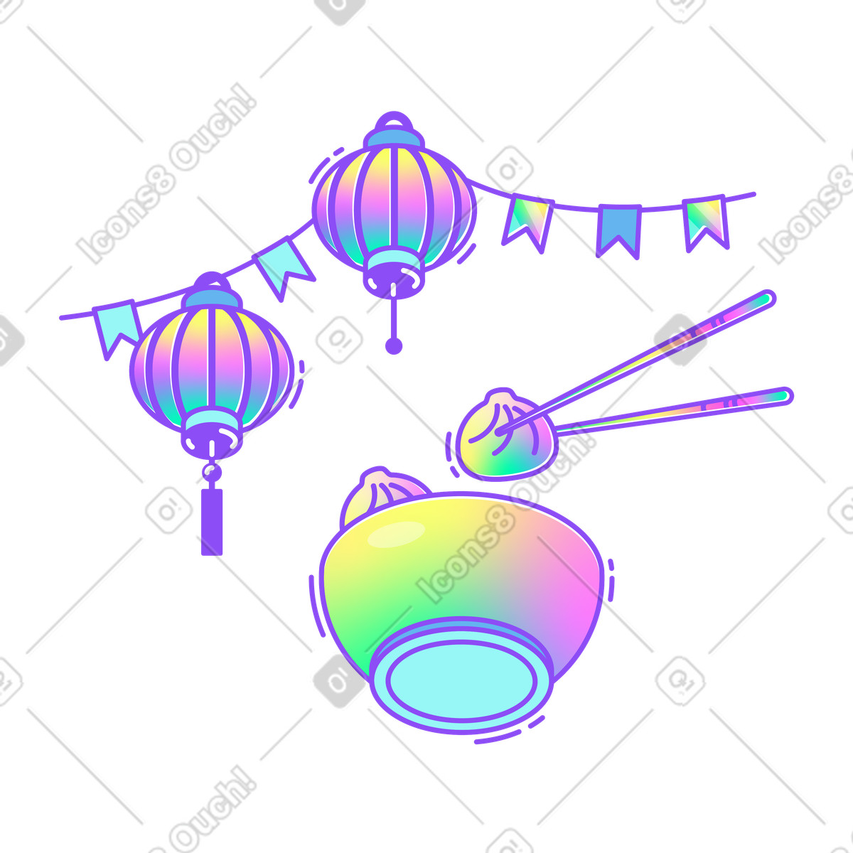 Сhinese lantern festival with dumplings illustration in Holographic style download in PNG, SVG