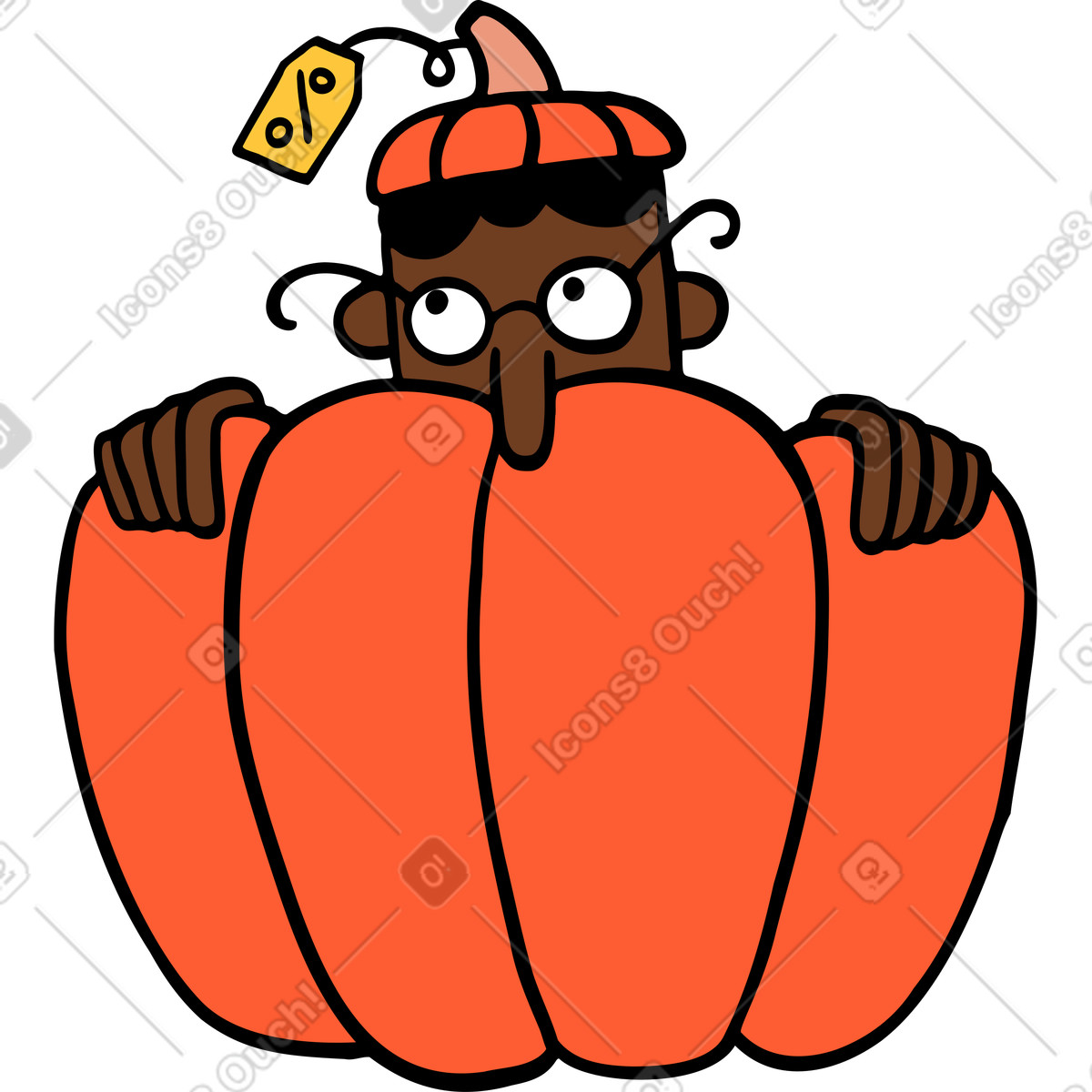 Ilustración Hombre escondido en una calabaza con un cartel de venta estilo Comic a descargar PNG y SVG