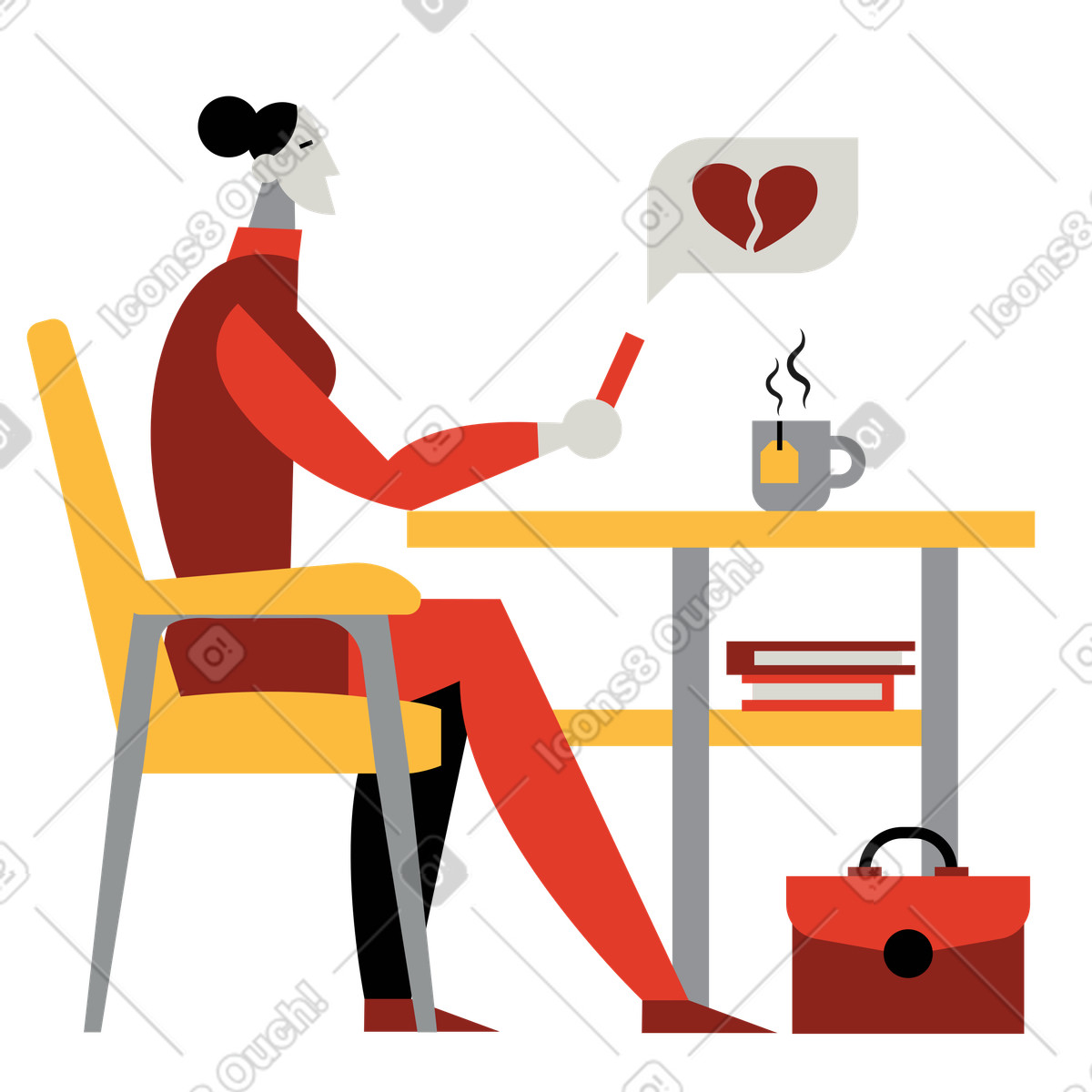 Woman getting a heartbreaking message illustration in Burgundy style download in PNG, SVG