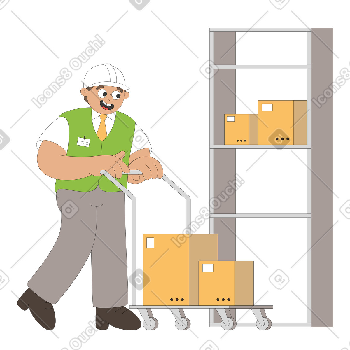 Warehouse worker moving packages in cart illustration Sitcom style download PNG, SVG
