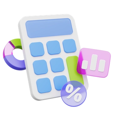 A calculator surrounded by graphs and percentages - 3D Playful style illustration