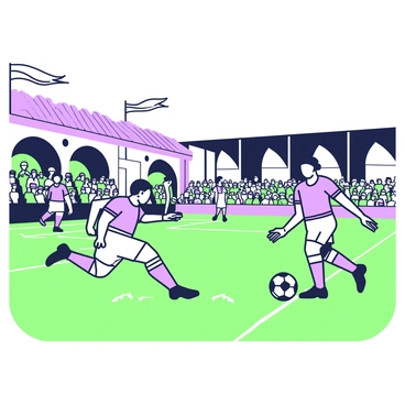 A soccer game is taking place in an old stadium from the 1920s. The field is marked with white lines, and players in vintage soccer uniforms are engaged in play. One player is about to kick the ball, which is a classic black and white patterned soccer ball. Spectators are seated in the grandstands, wearing hats and period-appropriate clothing. The architecture of the stadium features large arches and beams, emphasizing the historic setting. Flags are fluttering in the breeze above the crowd, adding to the lively atmosphere of the game.