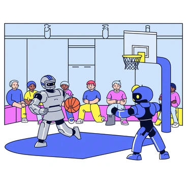 A high-tech arena with sleek, metallic walls and vibrant neon lights illuminating the space. In the center, two robots are engaged in a basketball game. One robot, with a shiny silver exterior and articulated limbs, is dribbling a basketball with precision. The other robot, featuring a blue and black design, is standing ready to defend. The basketball hoop is mounted high above, with a glowing net that adds to the futuristic atmosphere. Spectators, also robots, are seated in the background, observing the game with excitement.