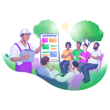 A community health worker stands in front of a small group of diverse individuals gathered outdoors. The health worker holds a clipboard and points to a colorful poster that displays information about tuberculosis. The group, consisting of men and women of various ages, attentively listens and takes notes. In the background, there are trees and benches, suggesting a park-like setting. Sunlight filters through the leaves, creating a bright and inviting atmosphere.