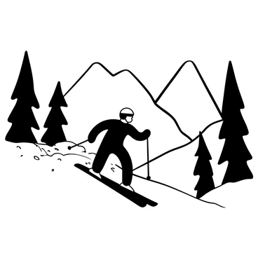 A skier dressed in a black snowsuit is racing down a steep, snowy mountain slope, leaving a trail of snow behind. Flurries of snow swirl around as the skier navigates sharp turns. Tall pine trees covered in snow line both sides of the slope, while distant mountain peaks rise majestically in the background. The scene conveys a sense of speed and excitement as the skier leans forward, gripping the ski poles firmly.