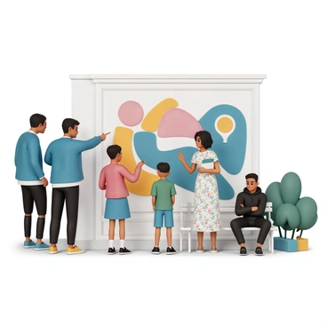 A diverse group of five individuals is gathered in front of a large mural on a city wall. The mural features vibrant colors and abstract shapes. Two people, a man and a woman, are pointing at the mural while discussing its design. The man is wearing a blue jacket and black jeans, while the woman is in a red sweater and denim skirt. A teenage boy, wearing a green t-shirt and shorts, is taking a photo of the mural. Next to him, an elderly woman in a floral dress is nodding her head in approval, holding a notepad and pen. A middle-aged man in a black hoodie sits on a nearby bench, contemplating the mural with arms crossed. The background includes a clear blue sky and a few green trees.