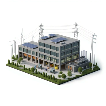 An industrial factory building with large windows and steel structures, showcasing a modern design. The factory has various sections, including assembly lines and storage areas, filled with machines and equipment. Solar panels are installed on the roof, reflecting sunlight, and there are wind turbines positioned nearby. The microgrid system is depicted with visible energy meters and control panels on the factory's exterior. Green landscaping surrounds the factory, with shrubs and small trees, emphasizing a focus on sustainability. In the background, power lines connect to other facilities, illustrating the energy optimization network in action.
