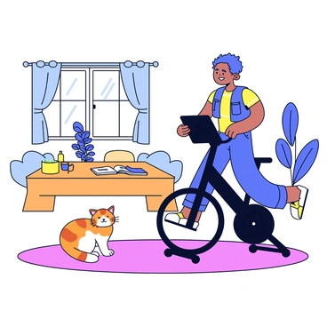A pet cat with orange and white fur is sitting on a soft rug, curiously watching its owner. The owner is riding a black spin bike, dressed in workout clothes. The cozy apartment features warm lighting and a few houseplants in the background. A window with sheer curtains allows natural light to filter in. A coffee table with a few scattered magazines and a cup is visible nearby. The atmosphere is relaxed and homely.