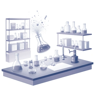 A chemistry lab with various scientific equipment arranged on a countertop. In the center, there is a large glass flask tipped over, spilling a mixture onto the surface. The contents of the flask are creating a small explosion that sends droplets and bubbles outward. Laboratory tools such as beakers, test tubes, and a Bunsen burner are visible in the scene. The explosion is depicted with dynamic shapes and movement indicating the reaction, while the background is filled with shelves of neatly arranged chemicals and textbooks.