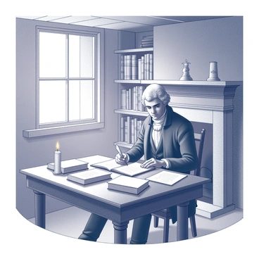 A youthful Thomas Jefferson is seated at a wooden desk in a small colonial room. He is surrounded by books and parchment, with a quill pen in hand, intently studying legal texts. The room features exposed wooden beams and a stone fireplace, adding to the colonial atmosphere. A single window allows natural light to filter in, illuminating the pages of his book. Shelves lined with additional volumes are placed against the walls, showcasing the scholarly environment. A candle sits on the desk, casting a soft glow that enhances the focus on Jefferson's concentration as he immerses himself in his studies.