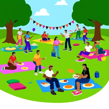 A large family gathering takes place in a vibrant green park, where multiple generations are celebrating "Juneteenth" together. Colorful picnic blankets are spread out on the grass, filled with a variety of dishes such as fried chicken, potato salad, and fruit platters. Children are playing games like tag and throwing a frisbee, while adults are chatting and laughing under the shade of large trees. Balloons and banners in red, black, and green colors are decorating the area, emphasizing the festive atmosphere. Some family members are taking photos together, capturing joyful moments with smiles and embraces. The sun shines brightly, casting cheerful light over the scene, highlighting the togetherness and love shared among the family.