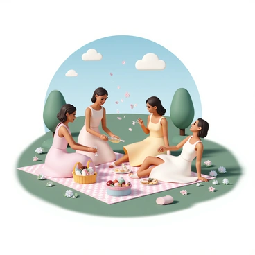A group of four bridesmaids, dressed in soft pastel-colored dresses, are gathered on a checked picnic blanket in a lush green park. One bridesmaid is pouring sparkling juice from a glass bottle into elegant flutes, while another is arranging an assortment of delicate sandwiches and fruit on a pretty platter. A third bridesmaid is playfully tossing flower petals into the air, and the fourth is lying back on the blanket, laughing as she enjoys the moment. Surrounding them are colorful picnic baskets, blooms of wildflowers, and a bright blue sky with fluffy clouds above.