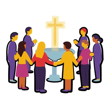 A diverse group of people standing in a circle, holding hands in a gesture of prayer during a baptism service. They are wearing formal attire, with a focus on expressions of reverence and unity. In the background, a baptismal font is visible, surrounded by floral decorations. Soft light illuminates the scene, enhancing the solemn atmosphere.