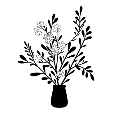 "Raspberry branches" elegantly intertwined with "daisies" in a floral arrangement. The branches display clusters of small, detailed leaves, while the daisies feature their distinctive round petals radiating outwards. The composition includes varying heights among the branches and flowers, creating a dynamic visual flow. The arrangement is presented in a simple vase, which is unadorned, allowing the focus to remain on the natural elements.