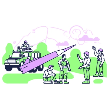 A group of soldiers is engaged in a military training exercise, focused on launching a missile. The soldiers are equipped with tactical gear, including helmets and camouflage uniforms. In the center, there is a large missile launcher positioned on an open field, aimed at a target in the distance. Some soldiers are operating the controls, while others are monitoring equipment and taking notes. The sun casts long shadows, and a few trees are visible on the horizon. Behind them, a military vehicle is parked, showcasing various tools and supplies for the training.