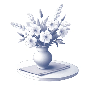 A table set with an exquisite floral arrangement. The arrangement features a variety of flowers, showcasing different shapes and sizes, including large blooms and delicate buds. The flowers are arranged in a way that draws the eye, with some leaning outward and others standing tall. The table surface is adorned with a soft cloth underneath the vase, adding texture to the scene. The perspective captures the arrangement in a way that emphasizes the flowers' beauty, creating a unique and dynamic view. The background remains neutral to keep the focus on the vibrant flowers.