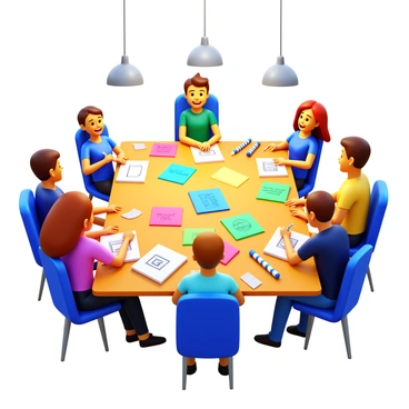 A group of students sitting around a large table. They are engaged in a brainstorming session for an illustration project. The table is covered with colorful sticky notes in various shapes and sizes, featuring different sketches, words, and concepts. Each student is holding a pencil or pen, with one student actively writing on a sticky note. There are diverse expressions of enthusiasm and concentration on their faces. Bright overhead lights illuminate the space, highlighting the energy of the collaboration. Various art supplies, such as markers and sketchpads, are scattered on the table.