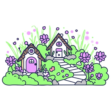 A whimsical fairy garden filled with vibrant cyclamen flowers. In the foreground, small fairy houses made of twigs and leaves are nestled among the plants. Each house has a tiny door and windows, adorned with decorative elements like pebbles and flower petals. Around the houses, lush green foliage surrounds the colorful cyclamen, creating a lush atmosphere. Small stones and miniature pathways weave through the garden, inviting exploration. Soft light filters through the leaves, illuminating the enchanting scene.