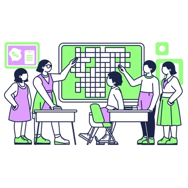 A classroom filled with students engaged in a collaborative activity. Several students are standing around a large blackboard where a crossword puzzle is drawn. One student, with glasses, is using a piece of chalk to write in a word while others are pointing at different sections of the puzzle, discussing answers. Desks are arranged in a semi-circle, and on one desk, there are additional reference books opened. The classroom walls are decorated with educational posters.