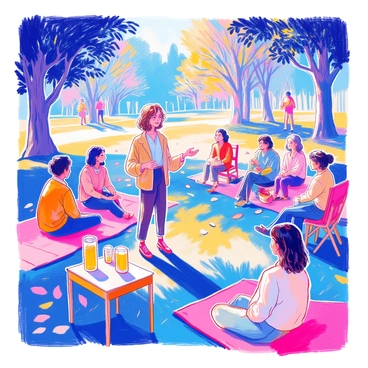 A woman with short brown hair and wearing a light blue blouse stands in front of a group of diverse participants in an outdoor park. She is gesturing with her hands while speaking, displaying enthusiasm and confidence. Around her, a diverse mix of individuals, including people of different ages and ethnicities, are seated on picnic blankets and folding chairs, attentively listening. Sunlight filters through the leaves of nearby trees, creating dappled patterns on the grass. A small table nearby holds refreshments, including a pitcher of lemonade and cups. The atmosphere is lively and interactive, with some participants raising their hands to ask questions.